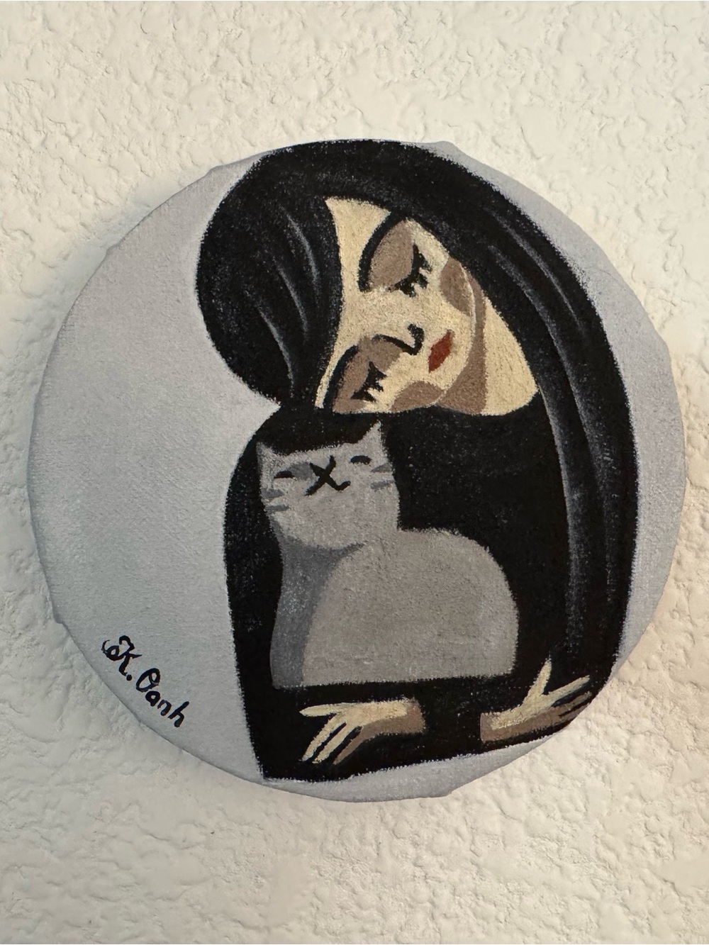 Original oil painting girl & cat round canvas signed 6 inches